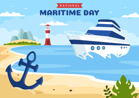 World Maritime Day Illustration with Sea and Ship for Web Banner or Landing Page in Flat Blue Nautical Celebration Cartoon Hand Drawn Templatesのイラスト素材