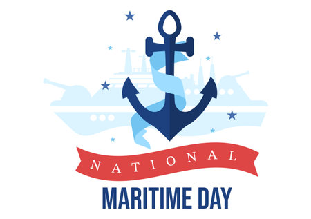 World Maritime Day Illustration with Sea and Ship for Web Banner or Landing Page in Flat Blue Nautical Celebration Cartoon Hand Drawn Templatesのイラスト素材
