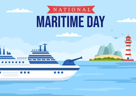 World Maritime Day Illustration with Sea and Ship for Web Banner or Landing Page in Flat Blue Nautical Celebration Cartoon Hand Drawn Templatesのイラスト素材