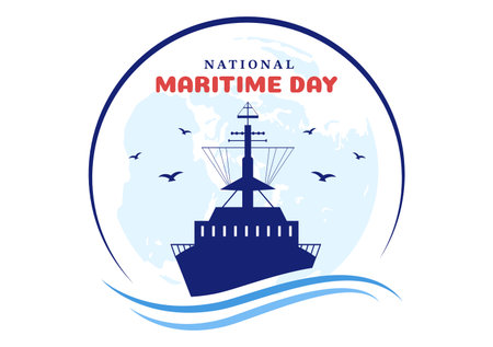 World Maritime Day Illustration with Sea and Ship for Web Banner or Landing Page in Flat Blue Nautical Celebration Cartoon Hand Drawn Templatesのイラスト素材