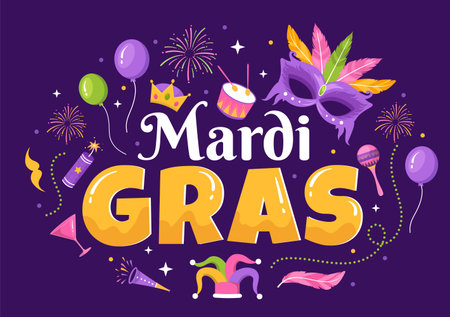 Mardi Gras Carnival Party Illustration with Mask, Feathers and Item Festival for Web Banner or Landing Page in Flat Cartoon Hand Drawn Templatesのイラスト素材
