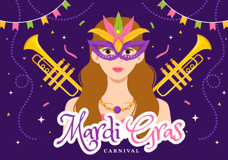 Mardi Gras Carnival Party Illustration with Mask, Feathers and Item Festival for Web Banner or Landing Page in Flat Cartoon Hand Drawn Templatesのイラスト素材
