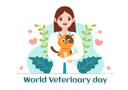 World Veterinary Day on April 29 Illustration with Doctor and Cute Animals Dogs or Cats in Flat Cartoon Hand Drawn for Landing Page Templatesのイラスト素材