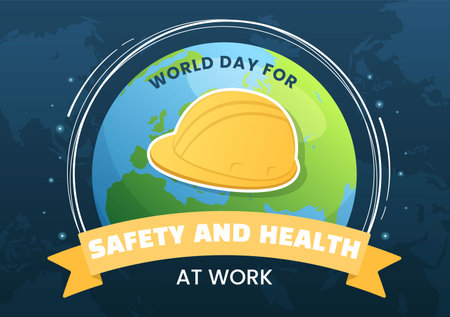 World Day Of Safety and Health at Work on April 28 Illustration with Mechanic Tool in Flat Cartoon Hand Drawn for Web Banner or Landing Page Templateのイラスト素材