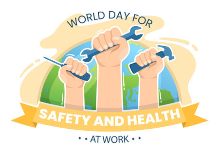 World Day Of Safety and Health at Work on April 28 Illustration with Mechanic Tool in Flat Cartoon Hand Drawn for Web Banner or Landing Page Templateのイラスト素材