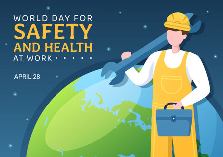World Day Of Safety and Health at Work on April 28 Illustration with Mechanic Tool in Flat Cartoon Hand Drawn for Web Banner or Landing Page Templateのイラスト素材