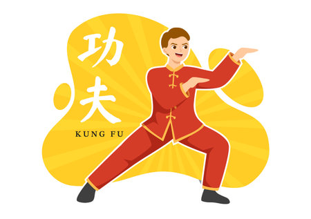 Kung Fu Illustration with People Showing Chinese Sport Martial Art in Flat Cartoon Hand Drawn for Web Banner or Landing Page Templatesのイラスト素材
