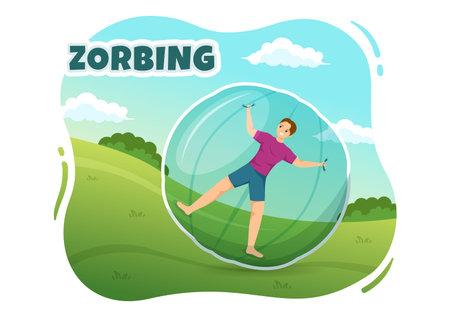 Zorbing Illustration with People Playing Bubble Bump on Green Field or Pool for Web Banner or Landing Page in Flat Cartoon Hand Drawn Templatesのイラスト素材