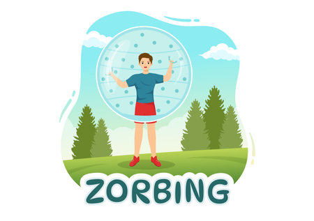 Zorbing Illustration with People Playing Bubble Bump on Green Field or Pool for Web Banner or Landing Page in Flat Cartoon Hand Drawn Templatesのイラスト素材