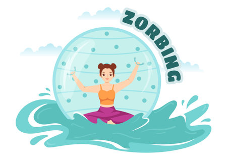 Zorbing Illustration with People Playing Bubble Bump on Green Field or Pool for Web Banner or Landing Page in Flat Cartoon Hand Drawn Templatesのイラスト素材