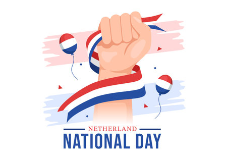 Happy Netherland National Day Illustration with Netherlands Flag for Web Banner or Landing Page in Flat Cartoon Hand Drawn Templatesのイラスト素材