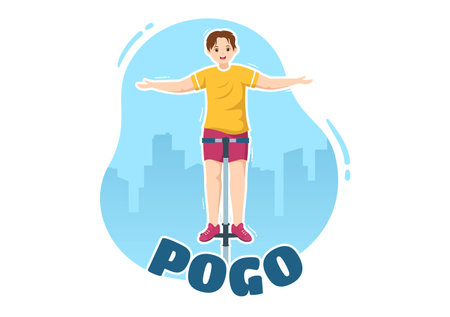 People Playing With Sport Jump Pogo Stick Illustration for Web Banner or Landing Page in Outdoor Fun Toy Flat Cartoon Hand Drawn Templatesのイラスト素材