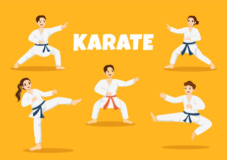 People Doing Some Basic Karate Martial Arts Moves, Fighting Pose and Wearing Kimono in Cartoon Hand Drawn for Landing Page Templates Illustrationのイラスト素材