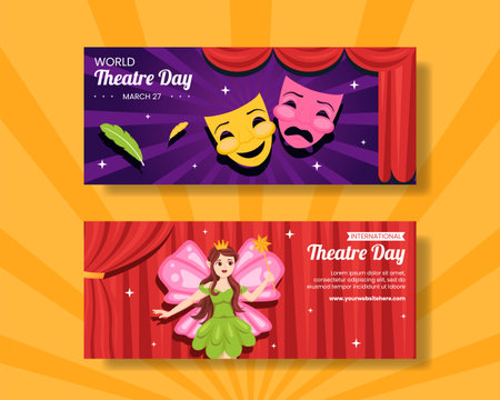 World Theater Day Horizontal Banner Flat Cartoon Hand Drawn Templates Illustrationのイラスト素材