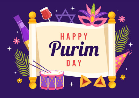 Happy Purim Illustration with Carnival Masks, Jewish Holiday and Funfair in Flat Cartoon Hand Drawn for Web Banner or Landing Page Templatesのイラスト素材