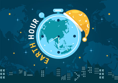Happy Earth Hour Day Illustration with Lightbulb, World Map and Time to Turn Off in Flat Sleep Cartoon Hand Drawn Landing Page Templatesのイラスト素材