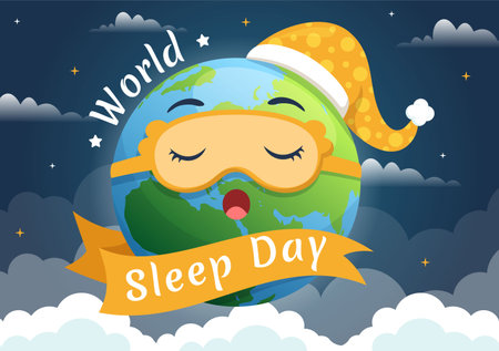 World Sleep Day on March 17 Illustration with People Sleeping and Planet Earth in Sky Backgrounds Flat Cartoon Hand Drawn for Landing Page Templatesのイラスト素材