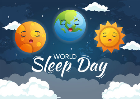 World Sleep Day on March 17 Illustration with People Sleeping and Planet Earth in Sky Backgrounds Flat Cartoon Hand Drawn for Landing Page Templatesのイラスト素材