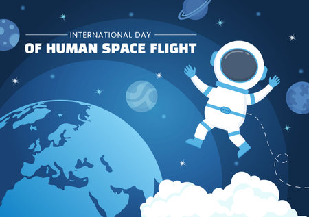 International Human Space Flight Day on April 12 Illustration with Rocket and Kids Astronaut in Flat Cartoon Hand Drawn for Landing Page Templatesのイラスト素材