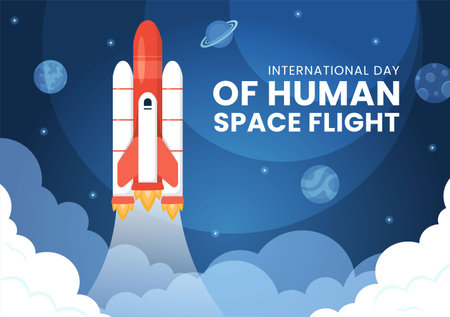 International Human Space Flight Day on April 12 Illustration with Rocket and Kids Astronaut in Flat Cartoon Hand Drawn for Landing Page Templatesのイラスト素材