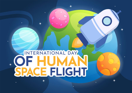 International Human Space Flight Day on April 12 Illustration with Rocket and Kids Astronaut in Flat Cartoon Hand Drawn for Landing Page Templatesのイラスト素材