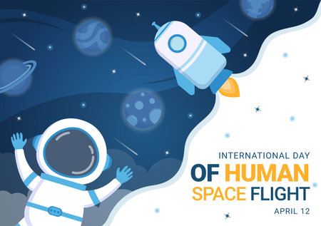 International Human Space Flight Day on April 12 Illustration with Rocket and Kids Astronaut in Flat Cartoon Hand Drawn for Landing Page Templatesのイラスト素材