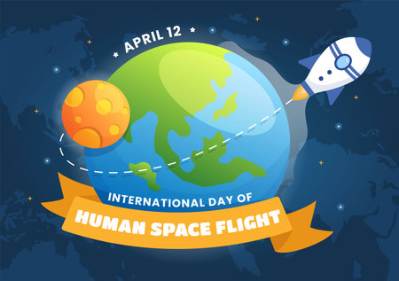 International Human Space Flight Day on April 12 Illustration with Rocket and Kids Astronaut in Flat Cartoon Hand Drawn for Landing Page Templatesのイラスト素材