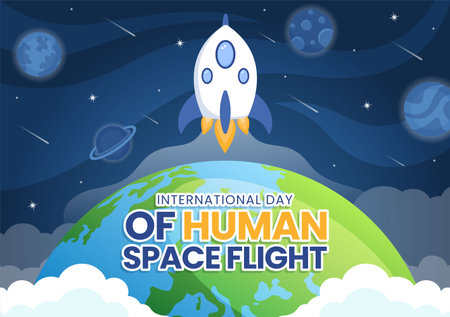 International Human Space Flight Day on April 12 Illustration with Rocket and Kids Astronaut in Flat Cartoon Hand Drawn for Landing Page Templatesのイラスト素材