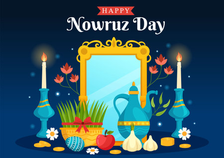 Happy Nowruz Day or Iranian New Year Illustration with Grass Semeni and Fish for Web Banner or Landing Page in Flat Cartoon Hand Drawn Templatesのイラスト素材