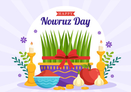 Happy Nowruz Day or Iranian New Year Illustration with Grass Semeni and Fish for Web Banner or Landing Page in Flat Cartoon Hand Drawn Templatesのイラスト素材