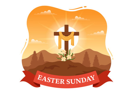 Happy Easter Sunday Day Illustration with Jesus, He is Risen and Celebration of Resurrection for Web Banner or Landing Page in Hand Drawn Templatesのイラスト素材