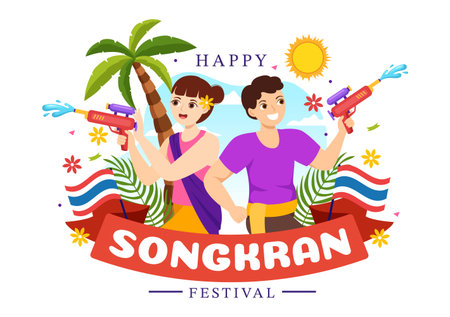 Happy Songkran Festival Day Illustration with Playing Water Gun in Thailand Celebration in Flat Cartoon Hand Drawn for Landing Page Templatesのイラスト素材