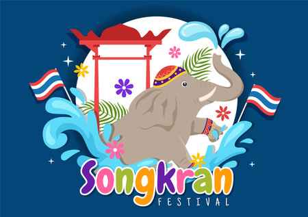 Happy Songkran Festival Day Illustration with Playing Water Gun in Thailand Celebration in Flat Cartoon Hand Drawn for Landing Page Templatesのイラスト素材