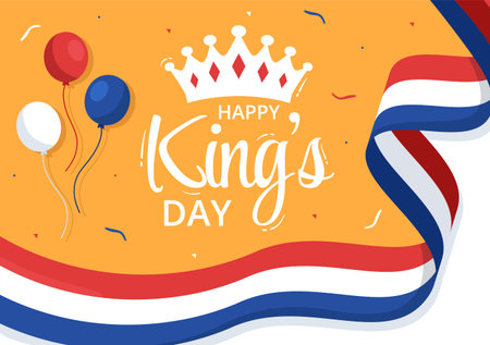 Happy Kings Netherlands Day Illustration with Waving Flags and King Celebration for Web Banner or Landing Page in Flat Cartoon Hand Drawn Templatesのイラスト素材