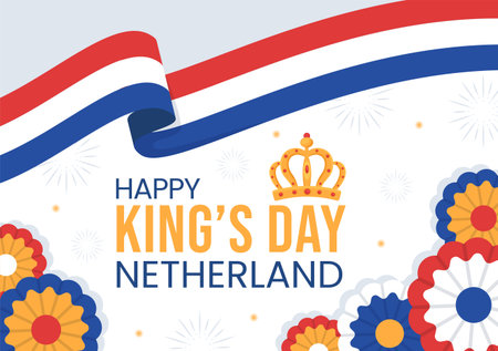 Happy Kings Netherlands Day Illustration with Waving Flags and King Celebration for Web Banner or Landing Page in Flat Cartoon Hand Drawn Templatesのイラスト素材