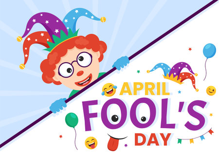 Happy April Fools' Day Celebration Illustration wearing a Jester Hat and Surprise for Web Banner or Landing Page in Flat Cartoon Hand Drawn Templatesのイラスト素材