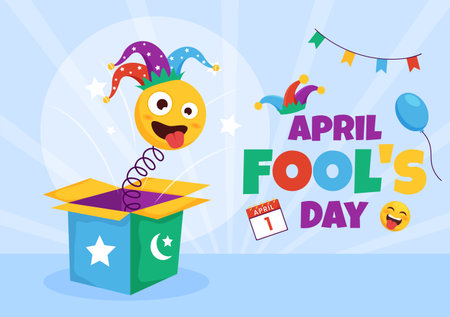 Happy April Fools' Day Celebration Illustration wearing a Jester Hat and Surprise for Web Banner or Landing Page in Flat Cartoon Hand Drawn Templatesのイラスト素材