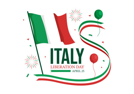 Italy Liberation Day Illustration with Holiday Celebrate on April 25 and Wave Flag Italian in Flat Cartoon Hand Drawn for Landing Page Templatesのイラスト素材
