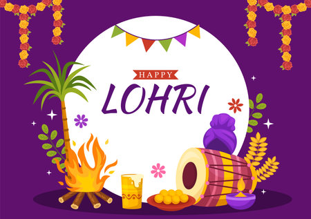 Happy Lohri Festival of Punjab India Illustration with Playing Dance and Celebration Bonfire in Flat Cartoon Hand Drawn for Landing Page Templatesのイラスト素材