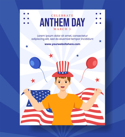 National Anthem Day Vertical Poster with United States of America Flag Flat Cartoon Hand Drawn Templates Illustrationのイラスト素材