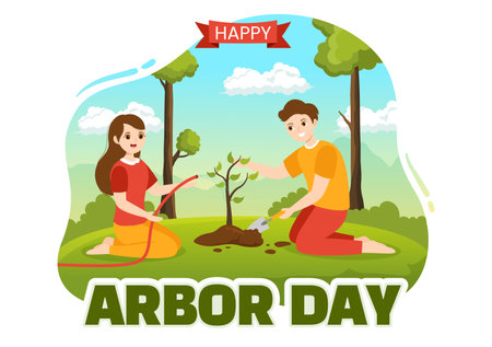 Happy earth day banner with man and woman planting tree in the garden vector illustrationのイラスト素材