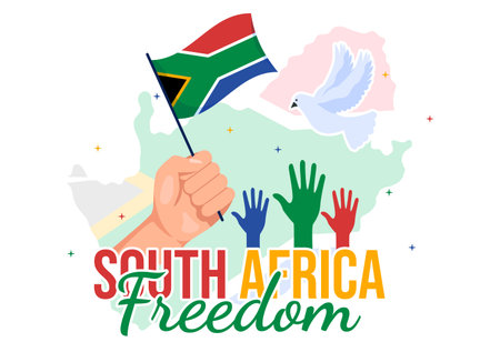 Happy South Africa Freedom Day on 27 April Illustration with Wave Flag for Web Banner or Landing Page in Hand Drawn Background Templatesのイラスト素材