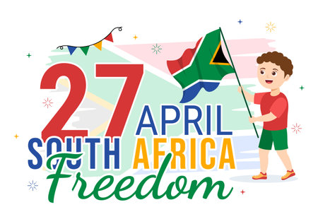Happy Freedom Day South Africa on April 27th Illustration with Kids Carrying Waving Flag for Landing Page in Hand Drawn Background Templateのイラスト素材
