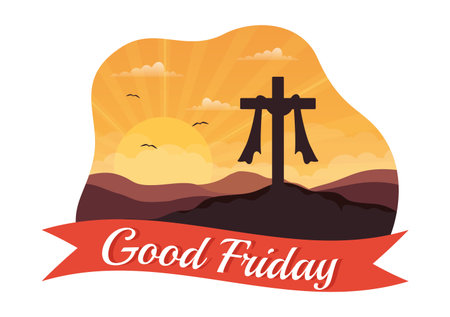 Happy Good Friday Illustration with Christian Holiday of Jesus Christ Crucifixion in Flat Cartoon Hand Drawn for Web Banner or Landing Page Templatesのイラスト素材