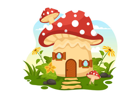 Mushrooms Illustration with Different Mushroom, Grass and Insects for Web Banner or Landing Page in Flat Cartoon Hand Drawn Templatesのイラスト素材
