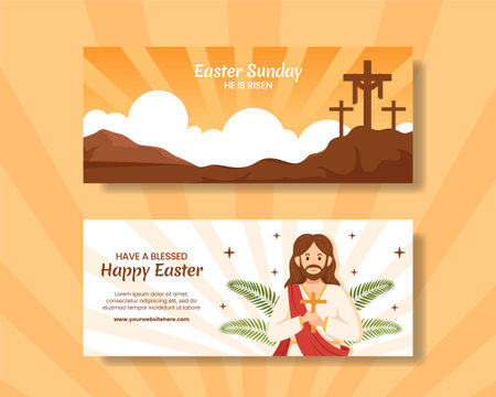 Happy Easter Sunday Day Horizontal Banner Flat Cartoon Hand Drawn Templates Background Illustrationのイラスト素材