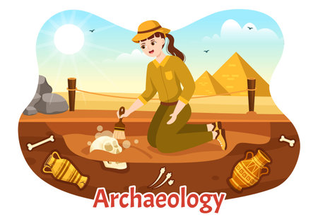 Archeology Illustration with Archaeological Excavation of ancient Ruins, Artifacts and Dinosaurs Fossil in Flat Cartoon Hand Drawn Templatesのイラスト素材