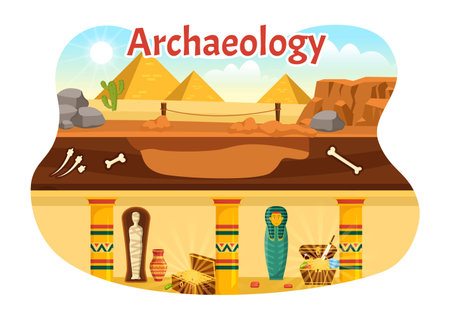 Archeology Illustration with Archaeological Excavation of ancient Ruins, Artifacts and Dinosaurs Fossil in Flat Cartoon Hand Drawn Templatesのイラスト素材