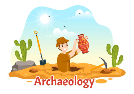 Archeology Illustration with Archaeological Excavation of ancient Ruins, Artifacts and Dinosaurs Fossil in Flat Cartoon Hand Drawn Templatesのイラスト素材