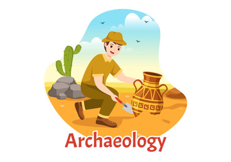Archeology Illustration with Archaeological Excavation of ancient Ruins, Artifacts and Dinosaurs Fossil in Flat Cartoon Hand Drawn Templatesのイラスト素材